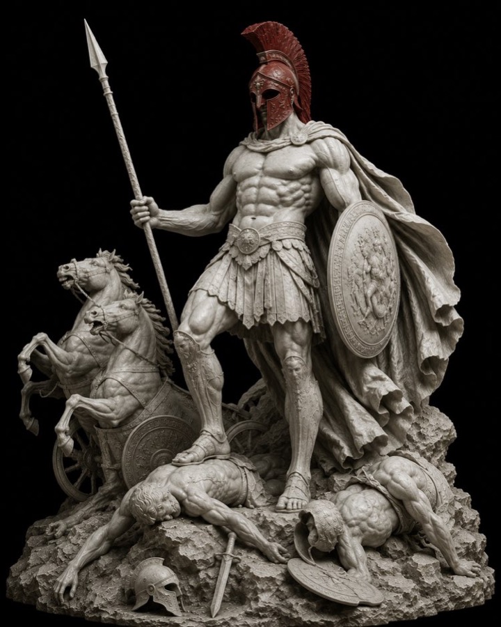 Marble sculpture of Ares with a red-crested helm