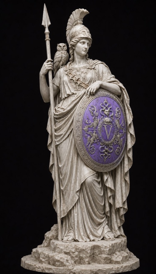 Marble sculpture of Athena with owl, spear, and violet shield