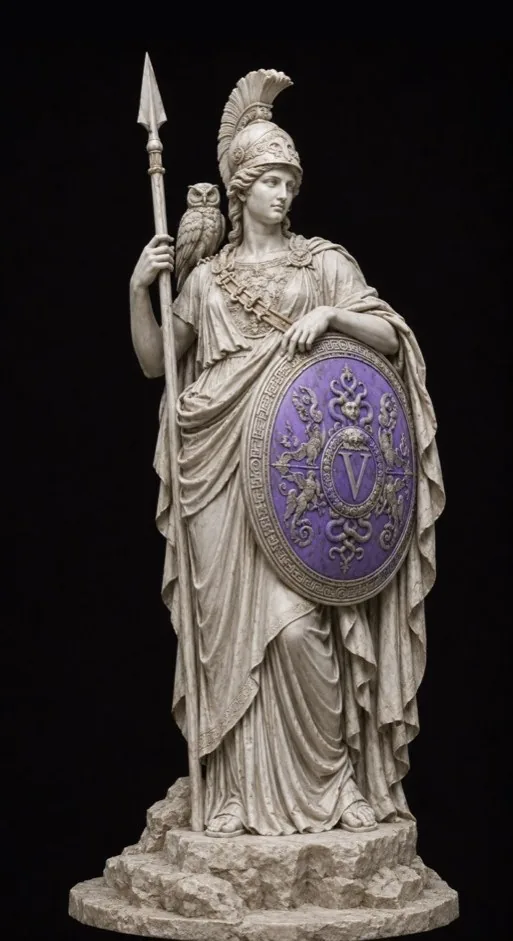 Marble sculpture of Athena with owl, spear, and violet shield