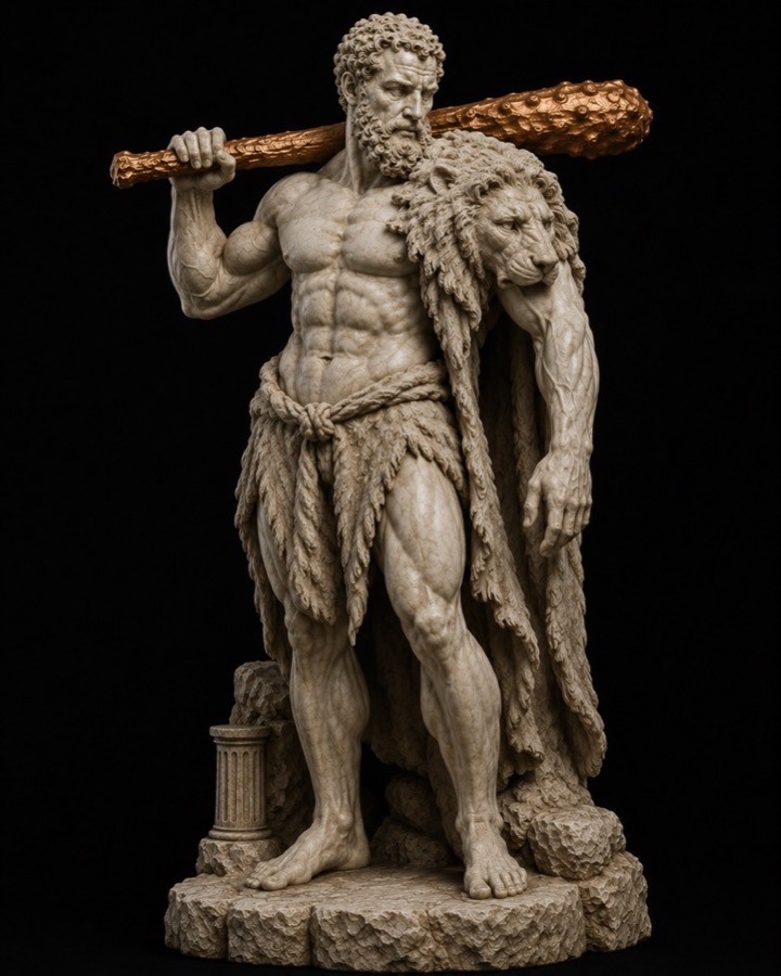 Marble sculpture of Hercules with club and lion skin
