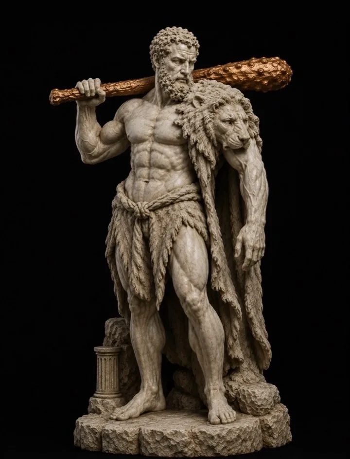 Marble sculpture of Hercules with club and lion skin