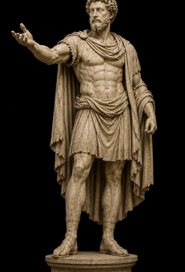 Marble statue of Marcus Aurelius, arm outstretched, on a black ground